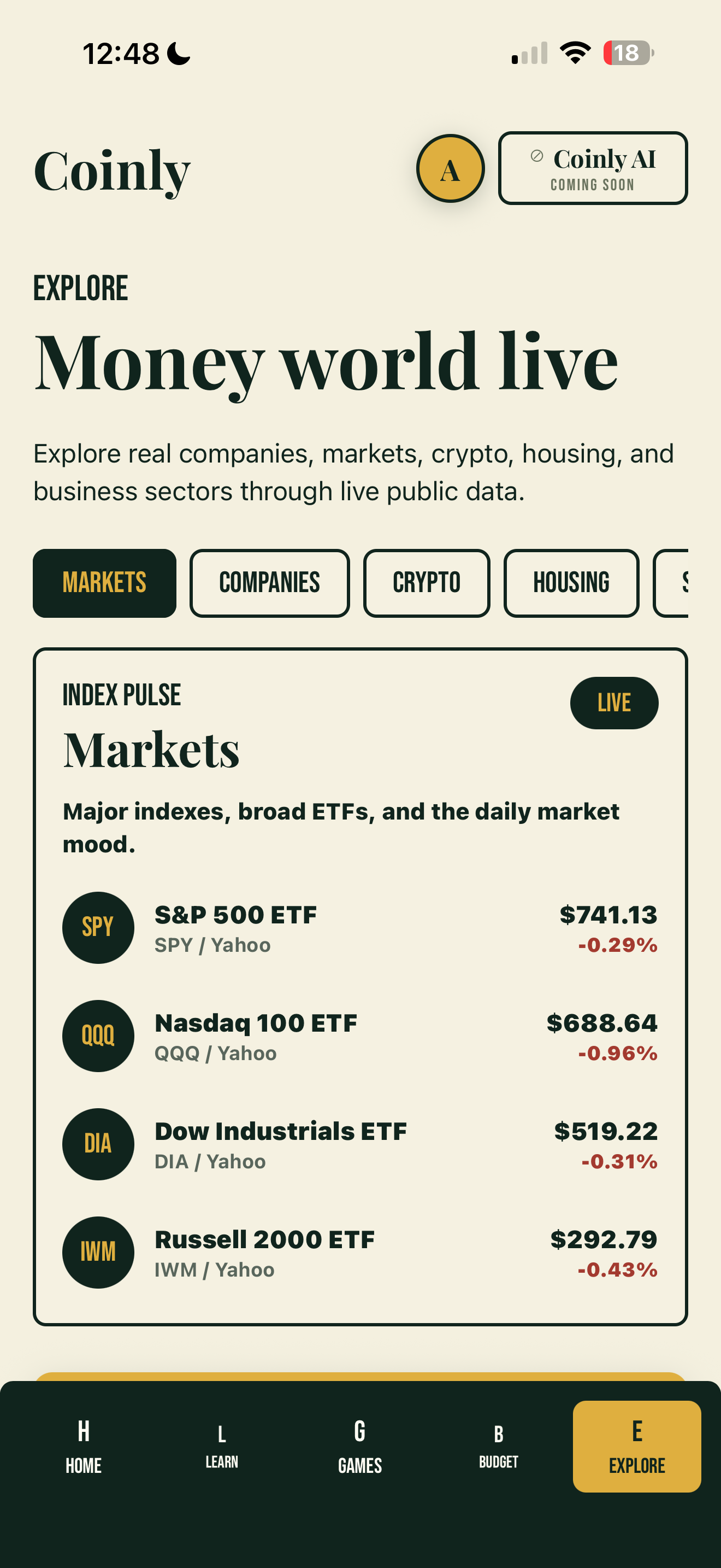 The Coinly Explore tab: live index prices and market data across companies, crypto, housing, and sectors.
