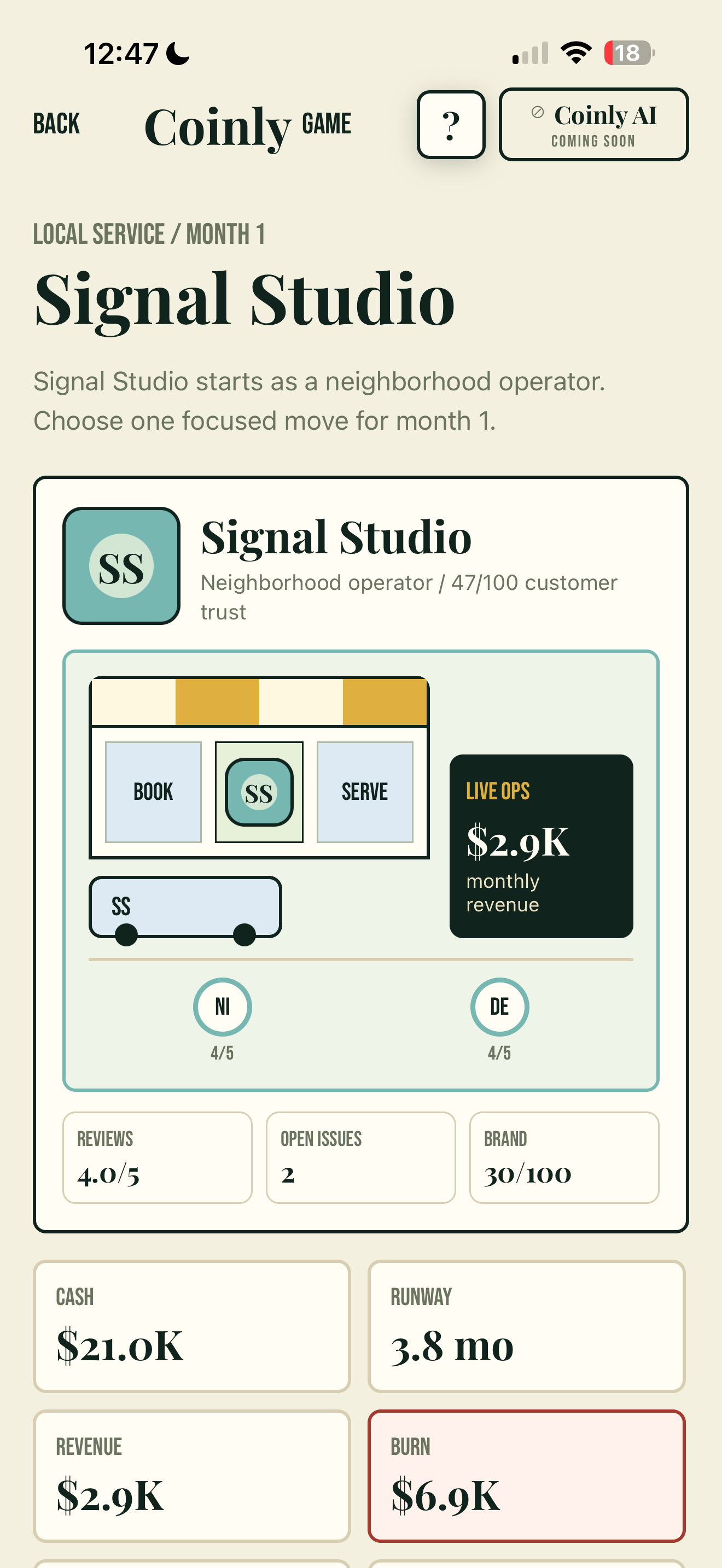A Coinly game: Signal Studio, where you run a small business month by month and watch cash, runway, and revenue.