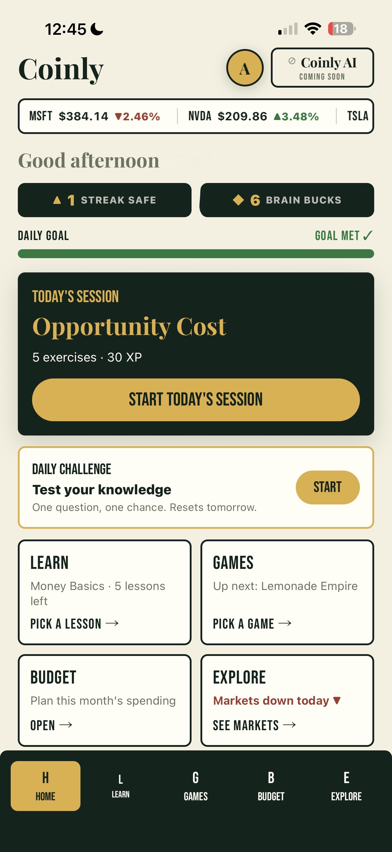 The Coinly app home screen showing today's session, a daily goal, streaks, and quick tiles into every tab.